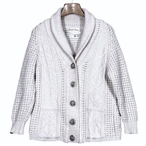 Vtg Purple Heather Handloomed Irish Wool Cable Knit Shawl Collar Cardigan Creaam